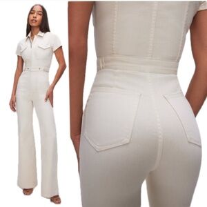 Good American Fit for Success Palazzo Cream Off White Denim Jumpsuit Boiler Suit